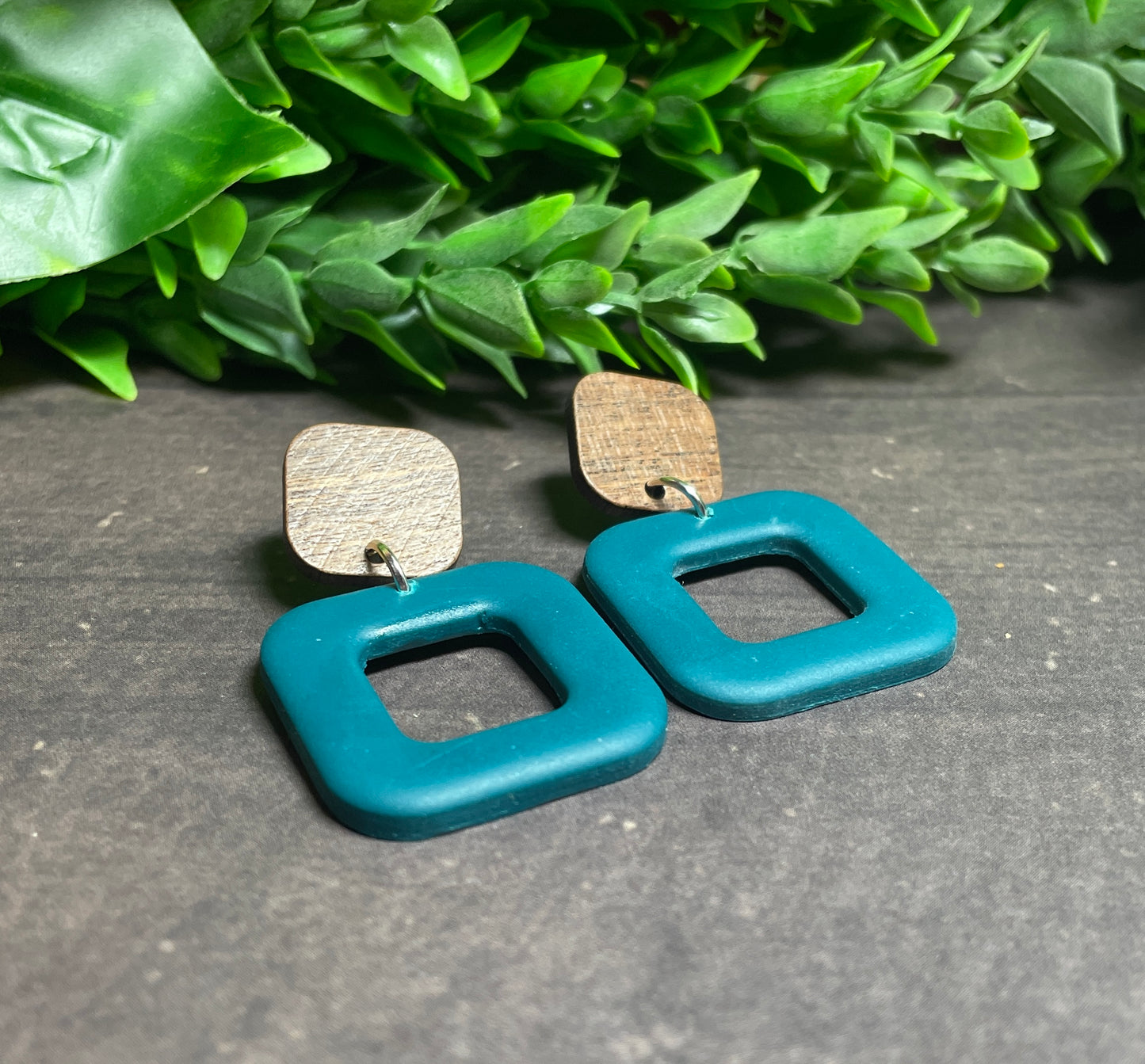 Modern Square Drop Earrings – Wooden & Clay Design