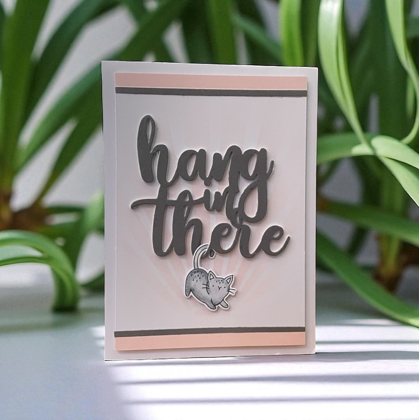 Card with 'hang in there' text and a cat illustration on a light background with green plants in the background