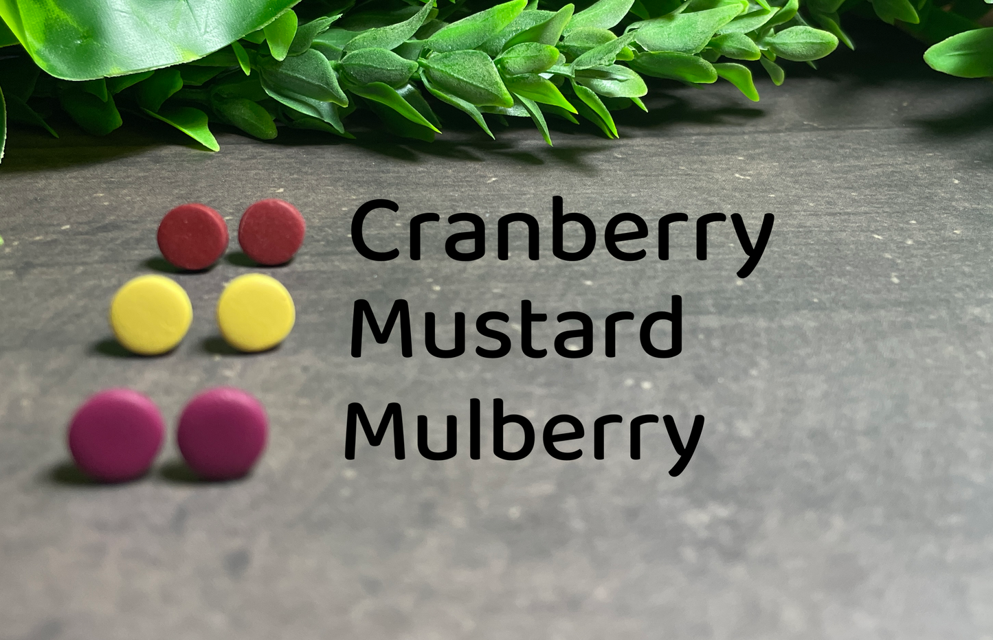 Small round stud earrings labeled 'Cranberry', 'Mustard', and 'Mulberry' on a gray surface with green leaves.