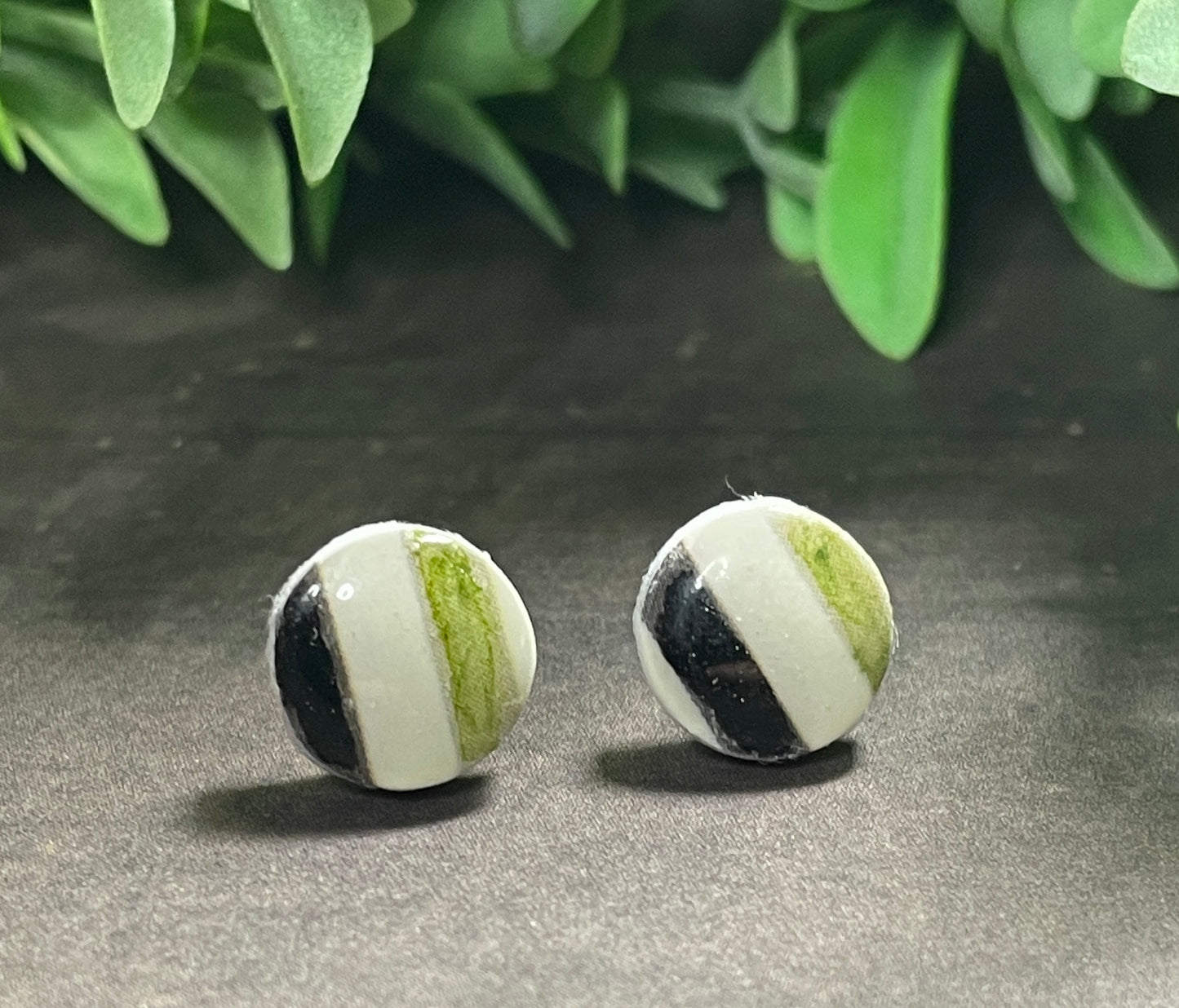 Round earrings with black, white, and green stripes on a dark surface with green leaves in the background.