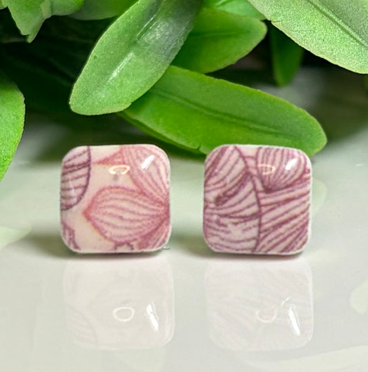 Botanical line drawn petal print square stud earrings