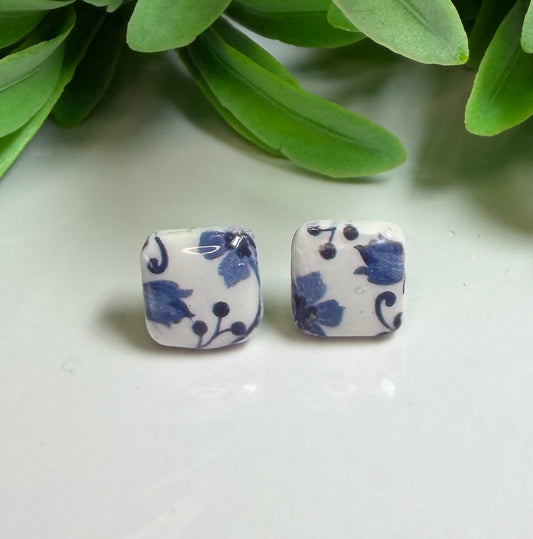 Delft style print square stud earrings