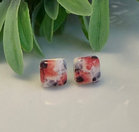 Orange floral print square studs