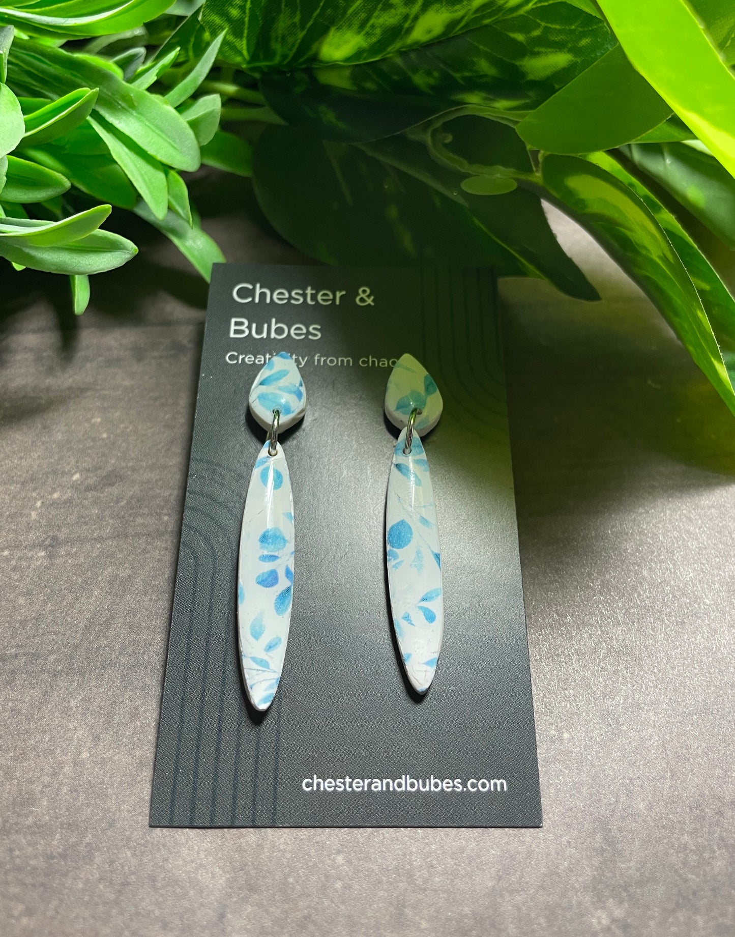 Blue and white patterned earrings