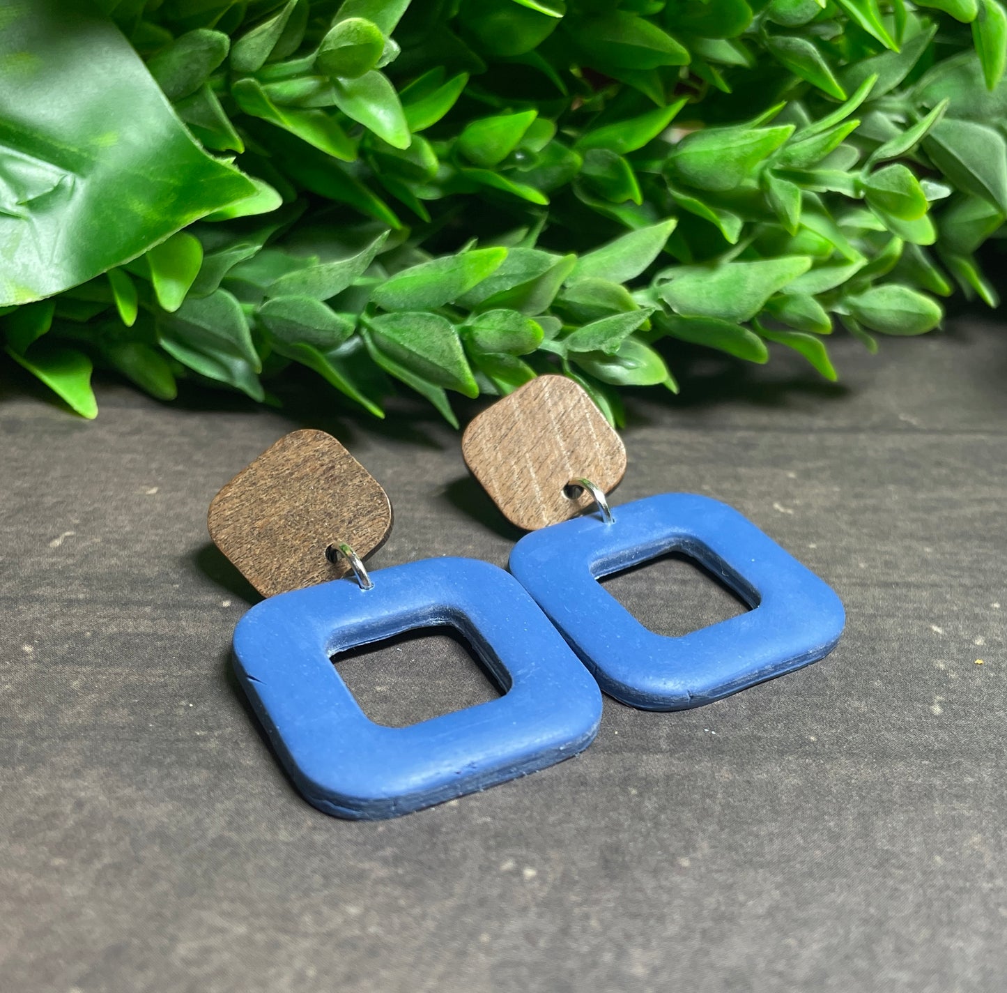 Modern Square Drop Earrings – Wooden & Clay Design