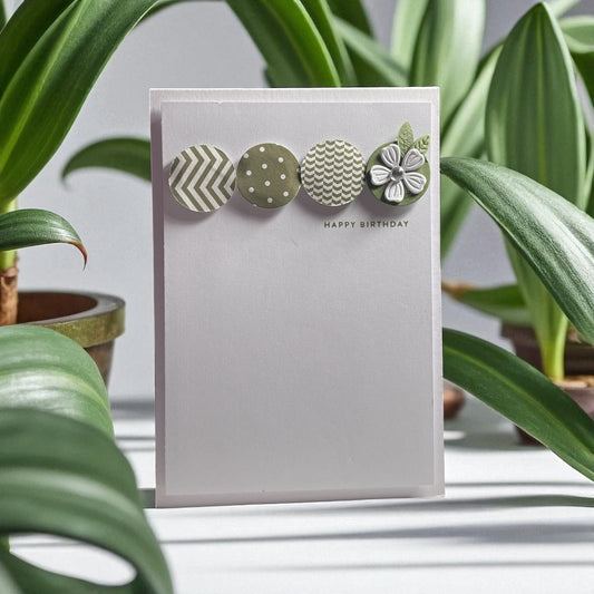'Happy Birthday' card with plants in the background. With four green circles with different patterns and a flower embellishment. 