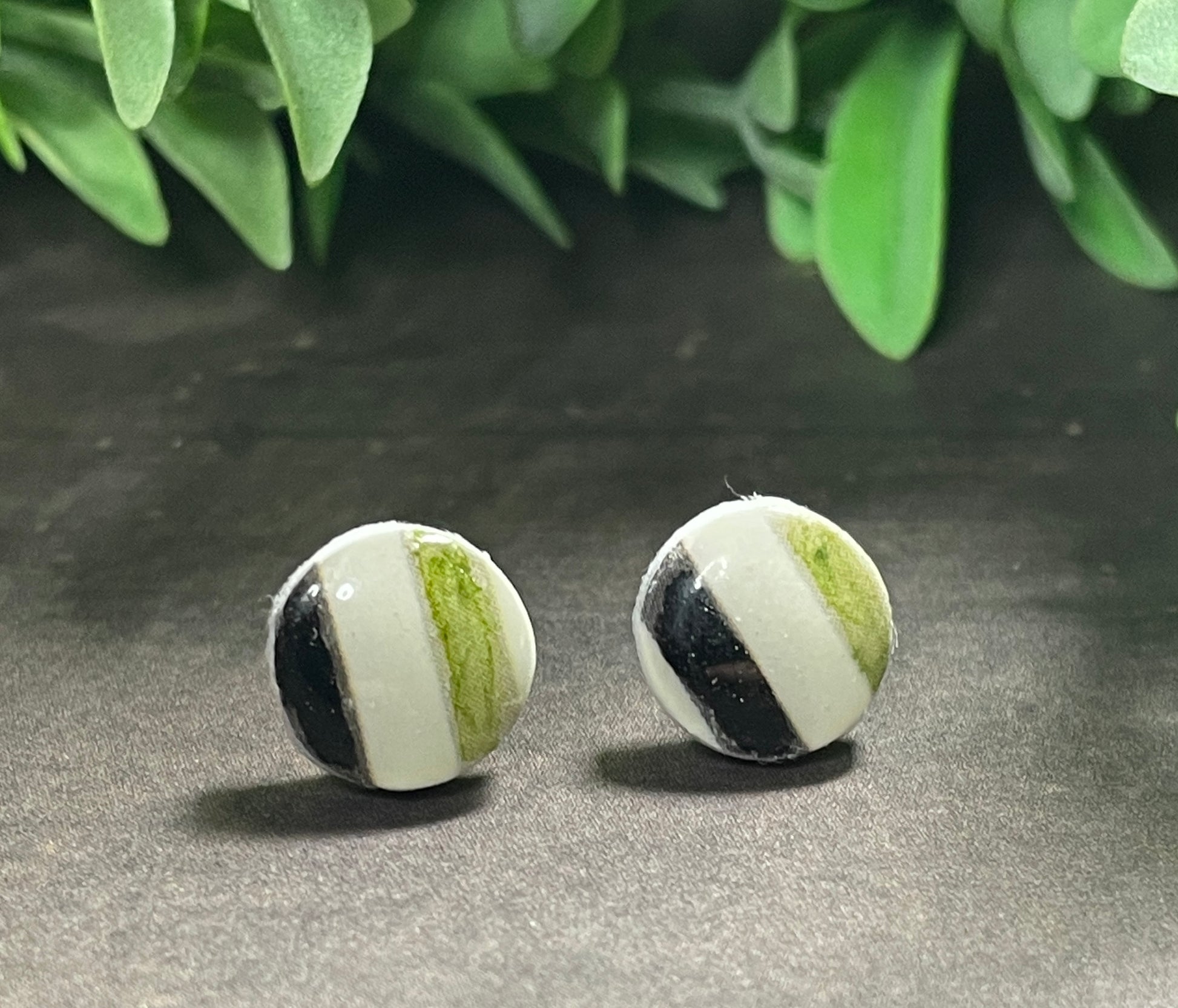 Round earrings with black, white, and green stripes on a dark surface with green leaves in the background.