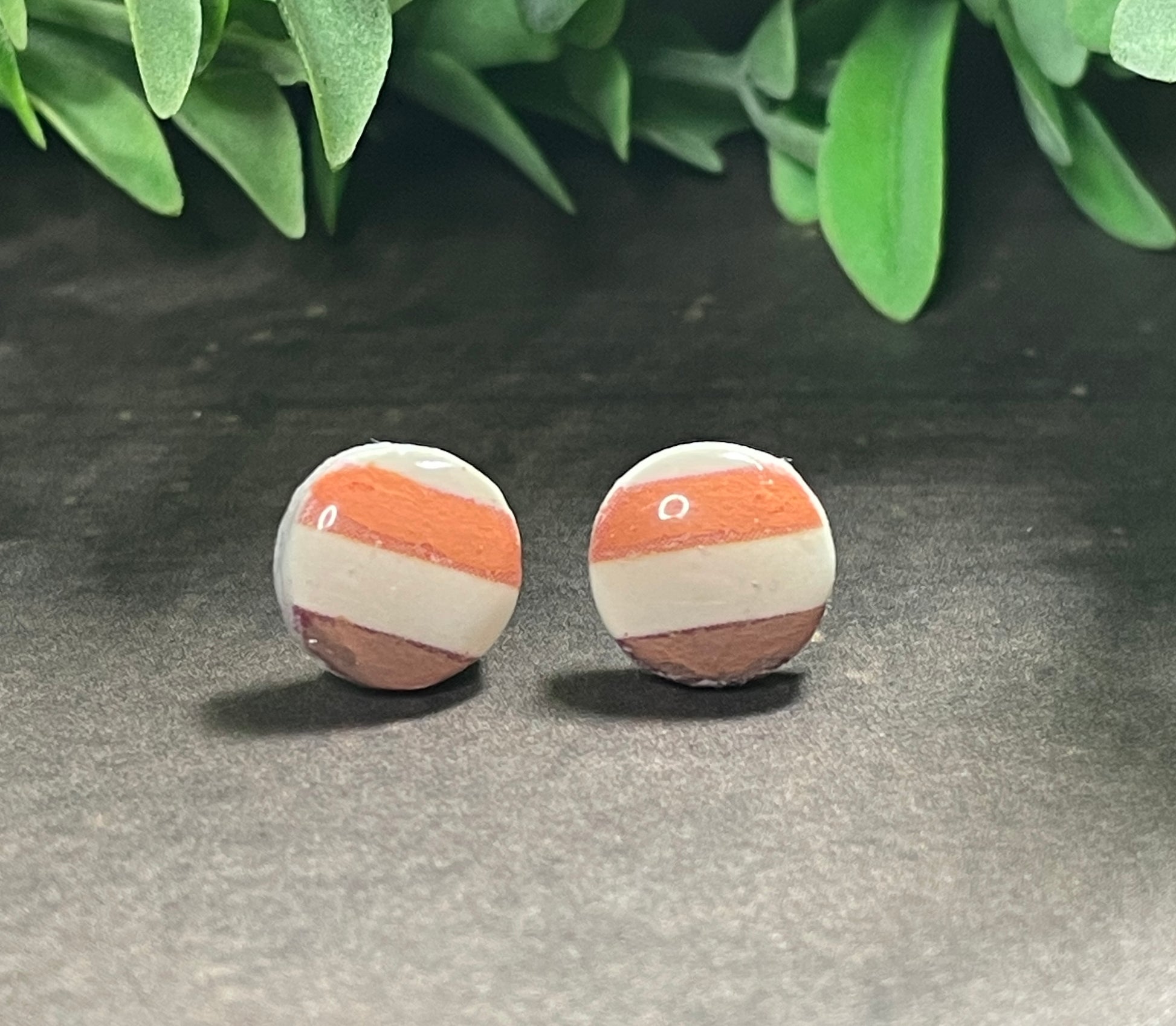 Pair of round earrings with striped design on a dark surface with green leaves in the background